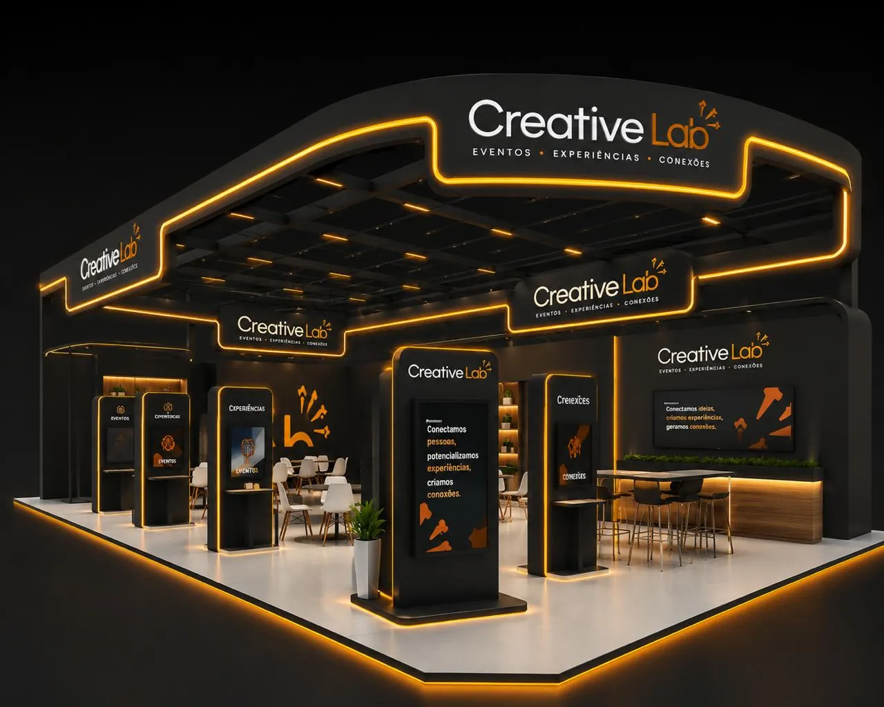 Projeto 3D de stand preto e laranja da Creative Lab
