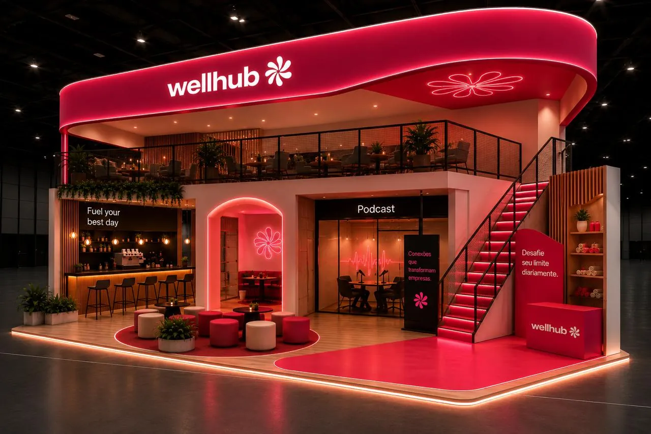 Stand de dois andares em vermelho e rosa para feira